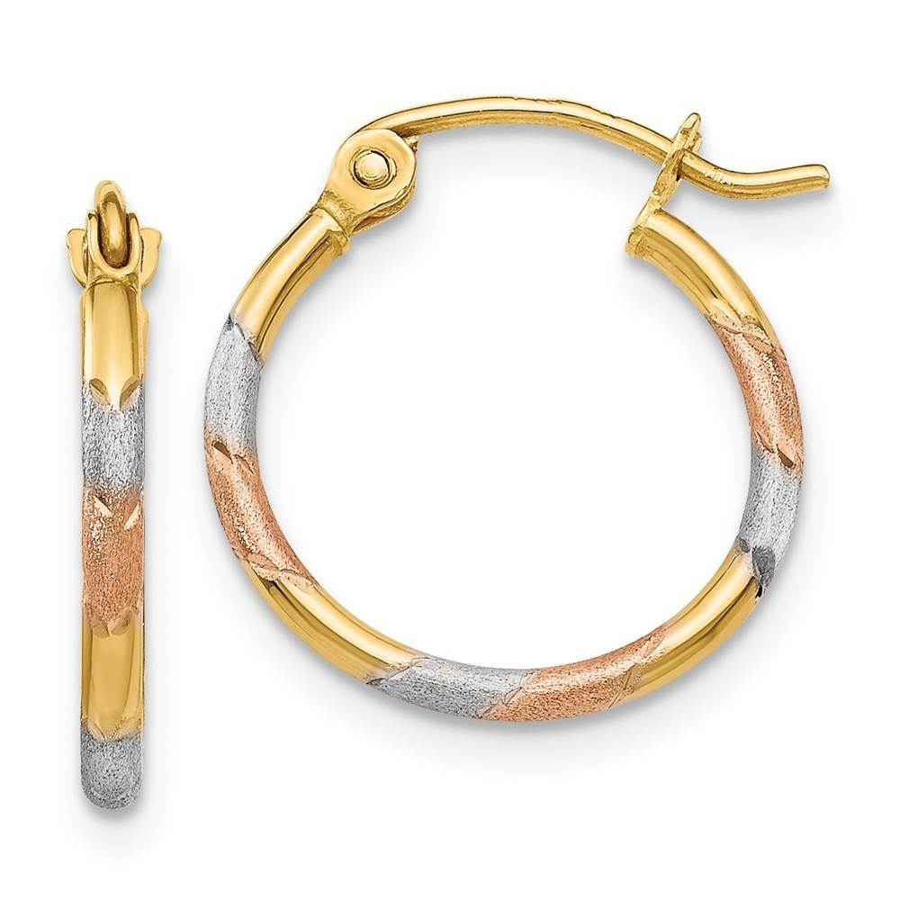 14k Yellow Gold White & Rose 1.5mm Satin & D/C Hoop Earring 16 L X 14 Mm W
